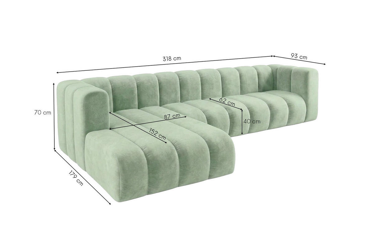 ECKSOFA Modulares In L-Form, Velvet-Stoff Riviera, Mintz, Links, GRAND 318 cm - Mintgrün, Holz (318/179cm) - Kaiser Möbel