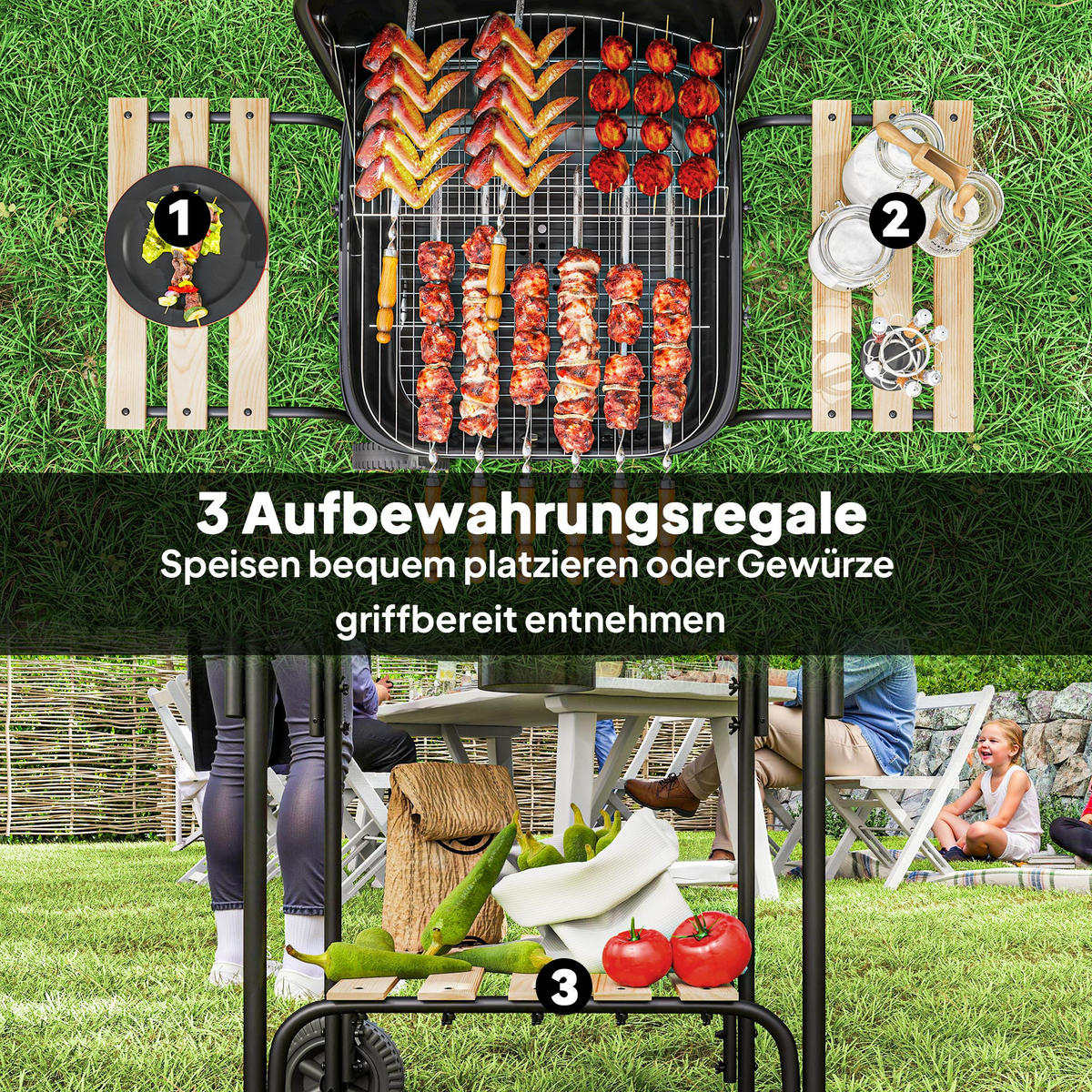 HOLZKOHLEGRILL Stahl Tannenholz Schwarz - Schwarz, Metall (54/91/98cm) - Outsunny