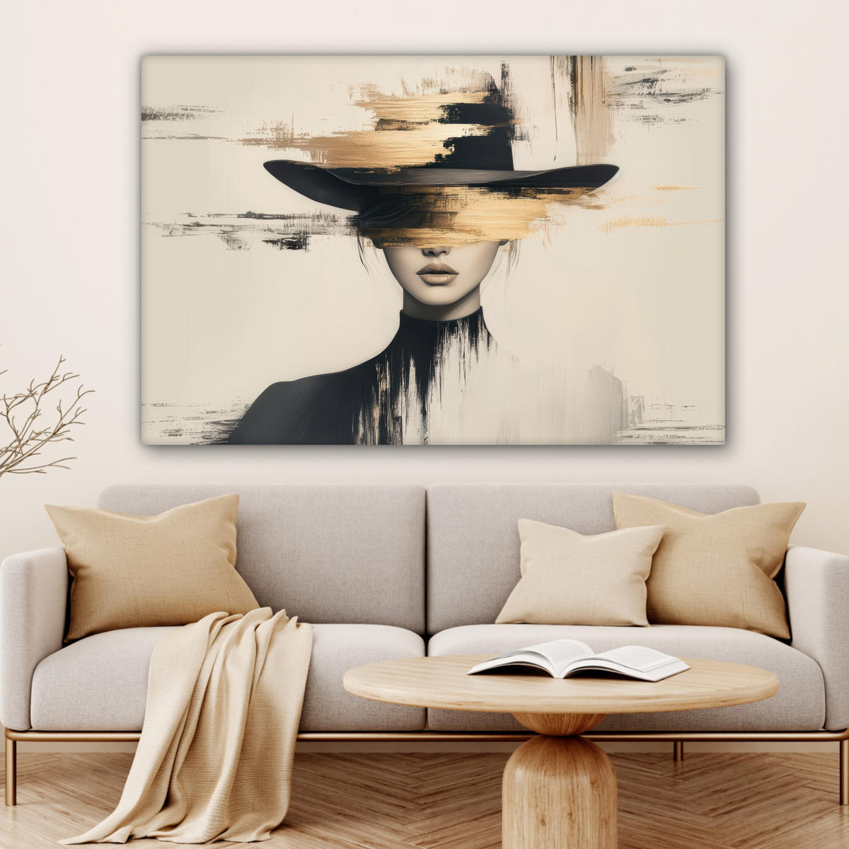 LEINWANDBILD Frau - Hut - Farbe XXL 150x100 cm - Goldfarben, Textil (150/100cm) - MuchoWow