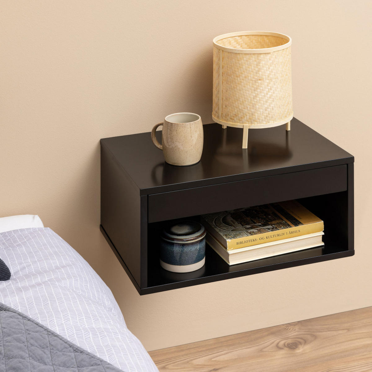 WAND-NACHTTISCH mit 1 Fach und 1 Schublade aus Holz - MANO - Schwarz - Schwarz, Holz (50/24/35cm) - Drawer