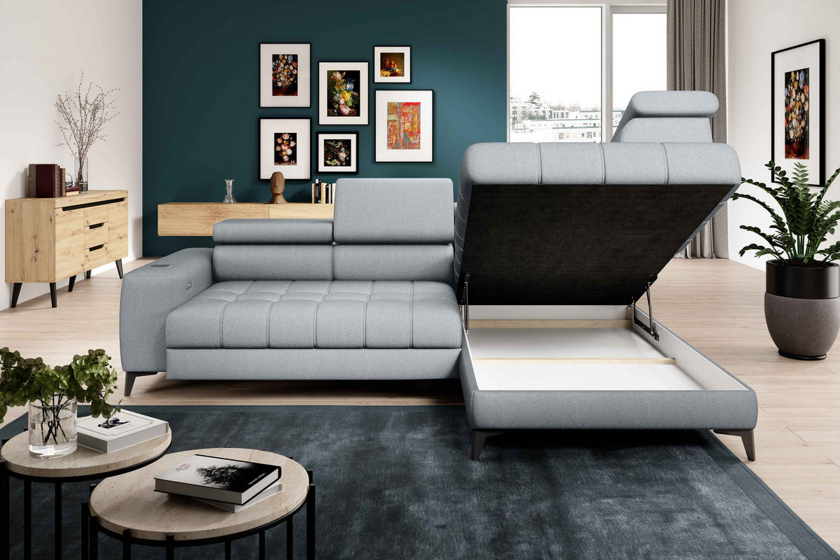 ECKSOFA BAGGIO Letto Stoff, Schlaffunktion, Bettkasten, Sitztiefe, Kopfstützen 280x196cm – Rechts – Hellgrau - Hellgrau, Holz/Textil (280/196cm) - DomoHome