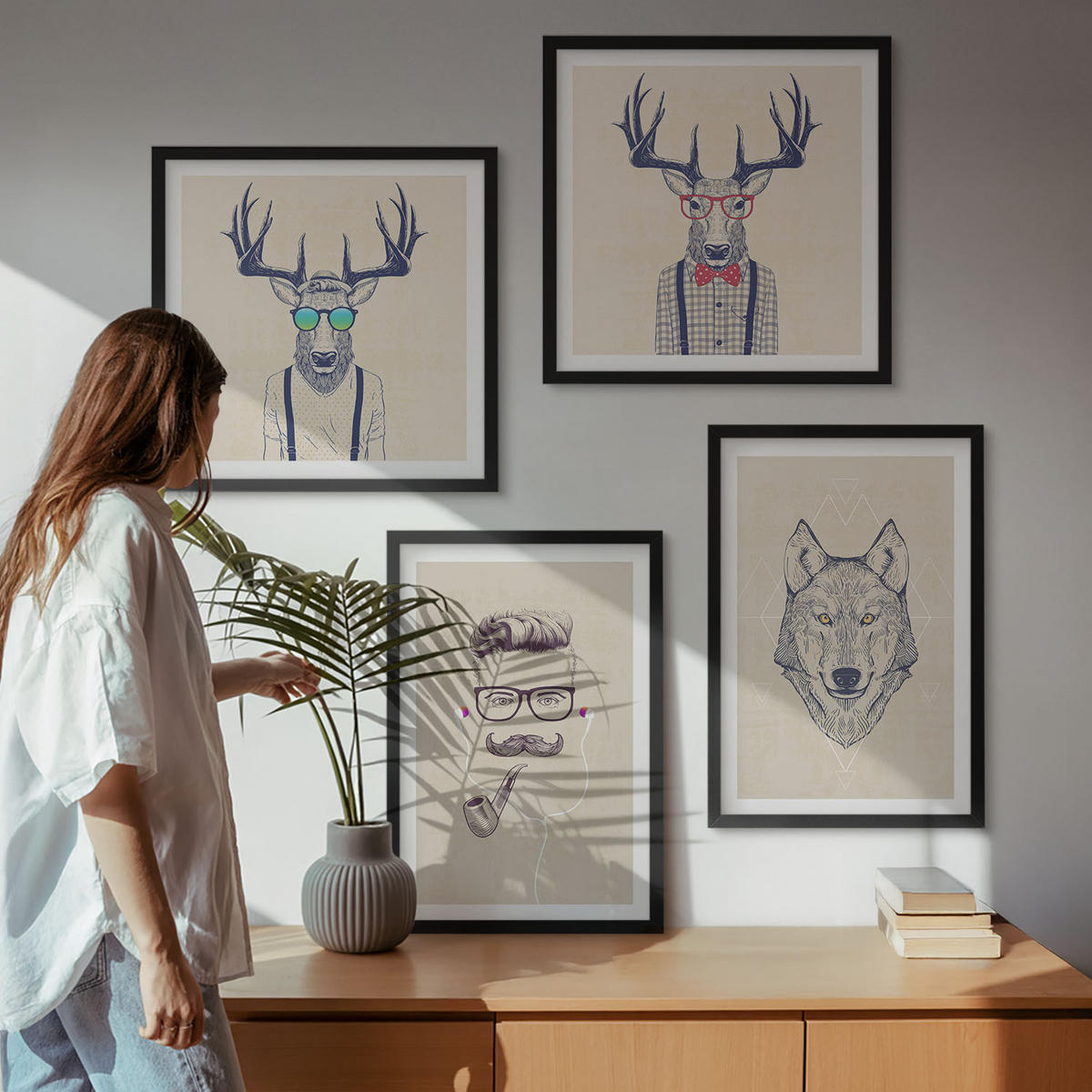WANDBILDER 4er-Set - 50x50 cm & 40x60 cm Schwarzer Rahmen - Stilvolle Tierporträts - Schwarz, Kunststoff (50/50cm) - ArtPrintCave