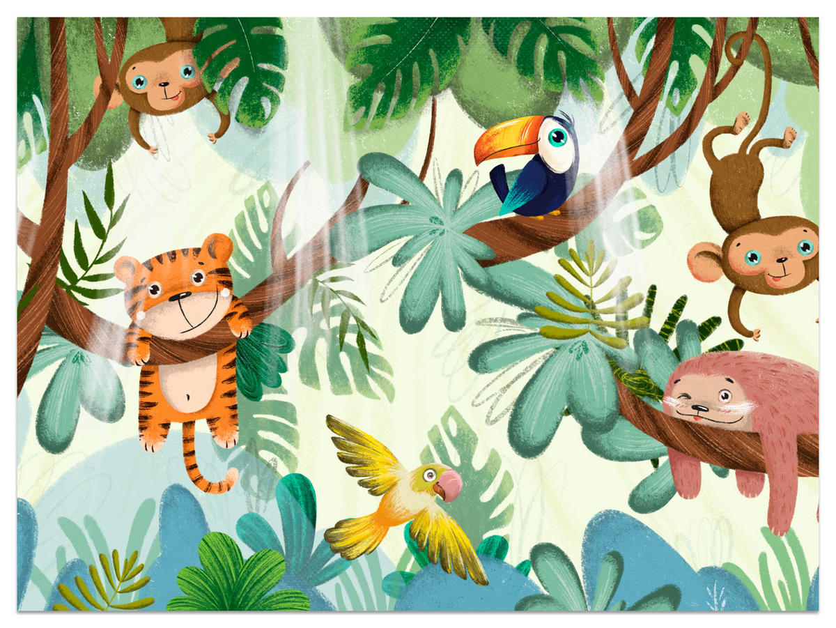 FOTOTAPETE für Kinderzimmer Süße Dschungeltiere Monstera Affen Tiger Vogel 200x140 - Gelb/Beige, Papier (200/140cm) - Muralo