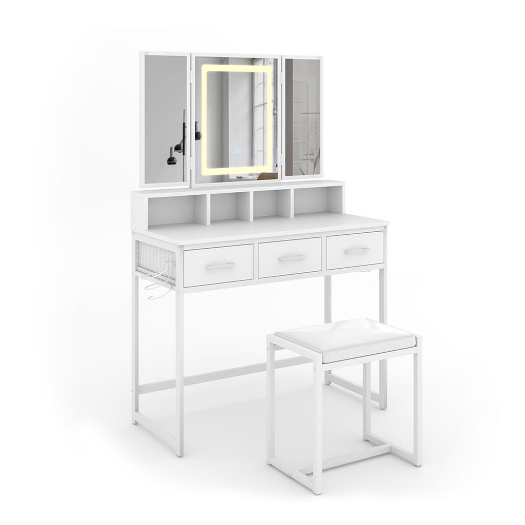 MASĂ DE TOALETĂ Mavida Alb 90 cm cu oglindă LED și taburet