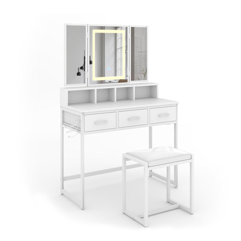 SCHMINKTISCH Mavida Weiß 90 cm mit LED-Spiegel und Hocker - Weiß, Holzwerkstoff (90/137.5/40cm) - Vicco