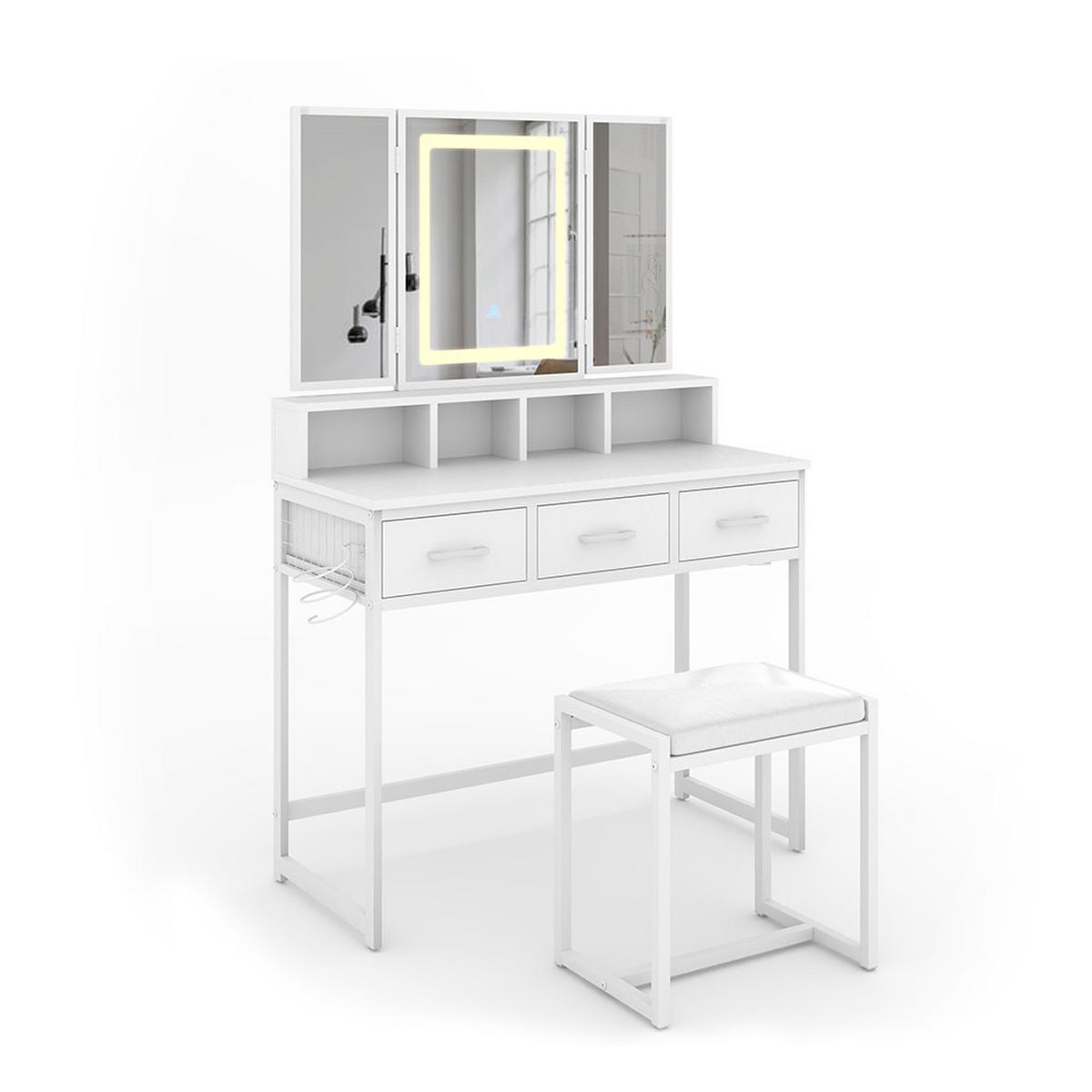 SCHMINKTISCH Mavida Weiß 90 cm mit LED-Spiegel und Hocker - Weiß, Holzwerkstoff (90/137.5/40cm) - Vicco