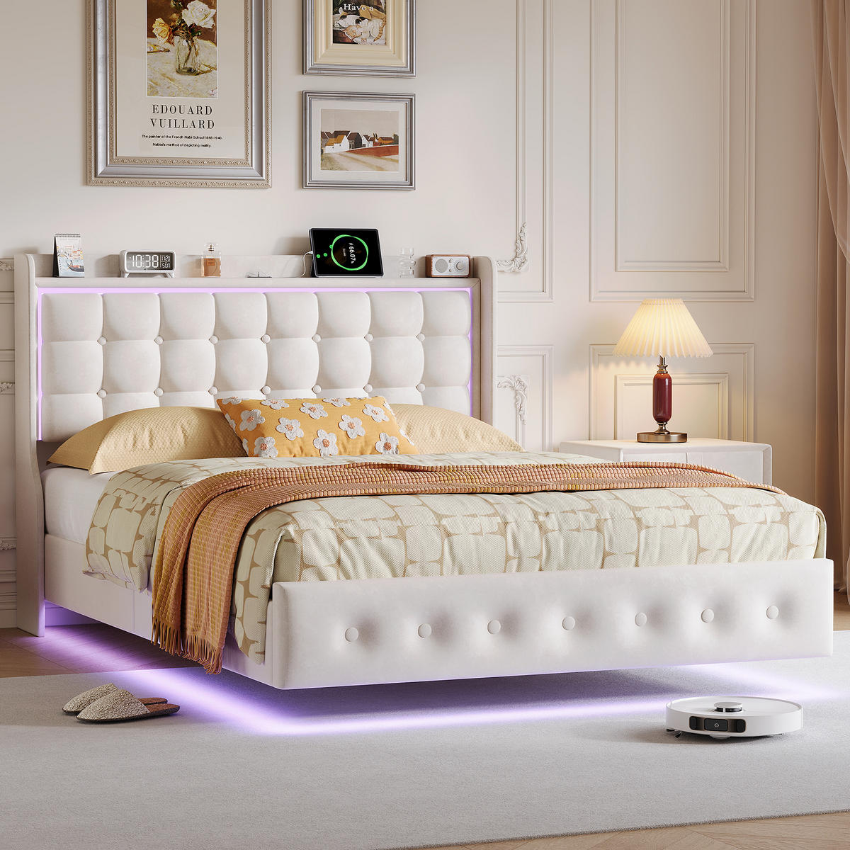 POLSTERBETT 140x200 cm Schwebebett mit LED & USB, Samtstoff Beige Doppelbett mit Lattenrost - Beige, Metall (140/200cm) - EuroLiving