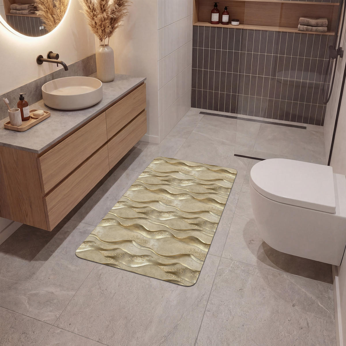 KOUPELNOVÁ PŘEDLOŽKA Vlny - vzor - zlaté 60x90 cm - barva mosazi, textil/plast (60/90cm)
