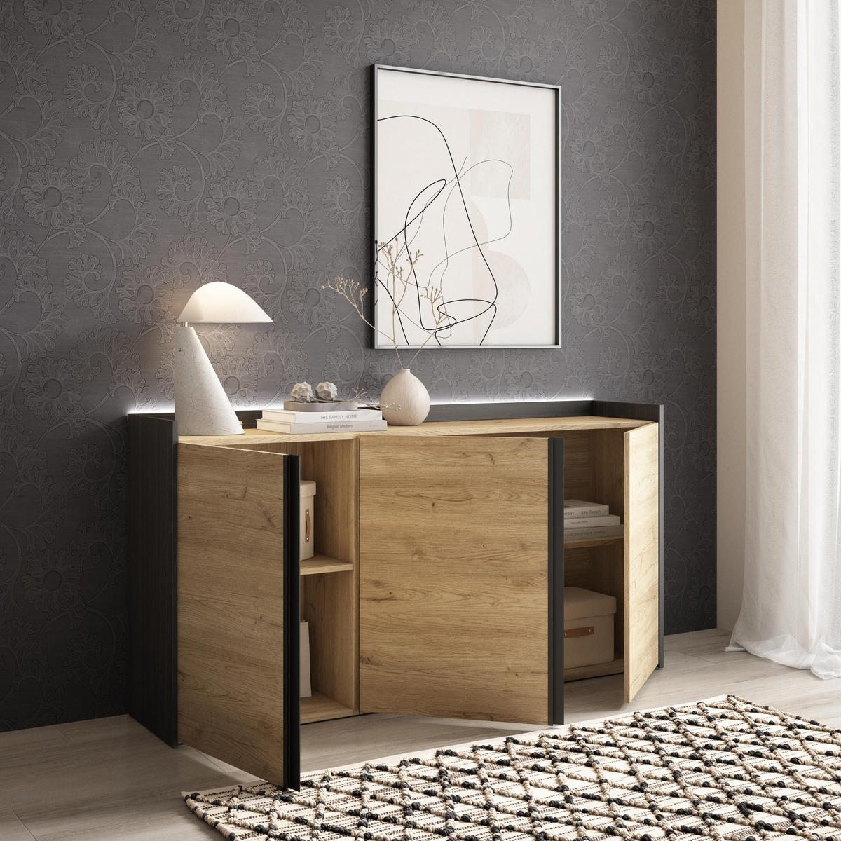 SIDEBOARD, Eiche und Schwarz, 156/35/80cm, mit Led - Eichefarben, Holzwerkstoff (156/80/35cm) - Skraut Home