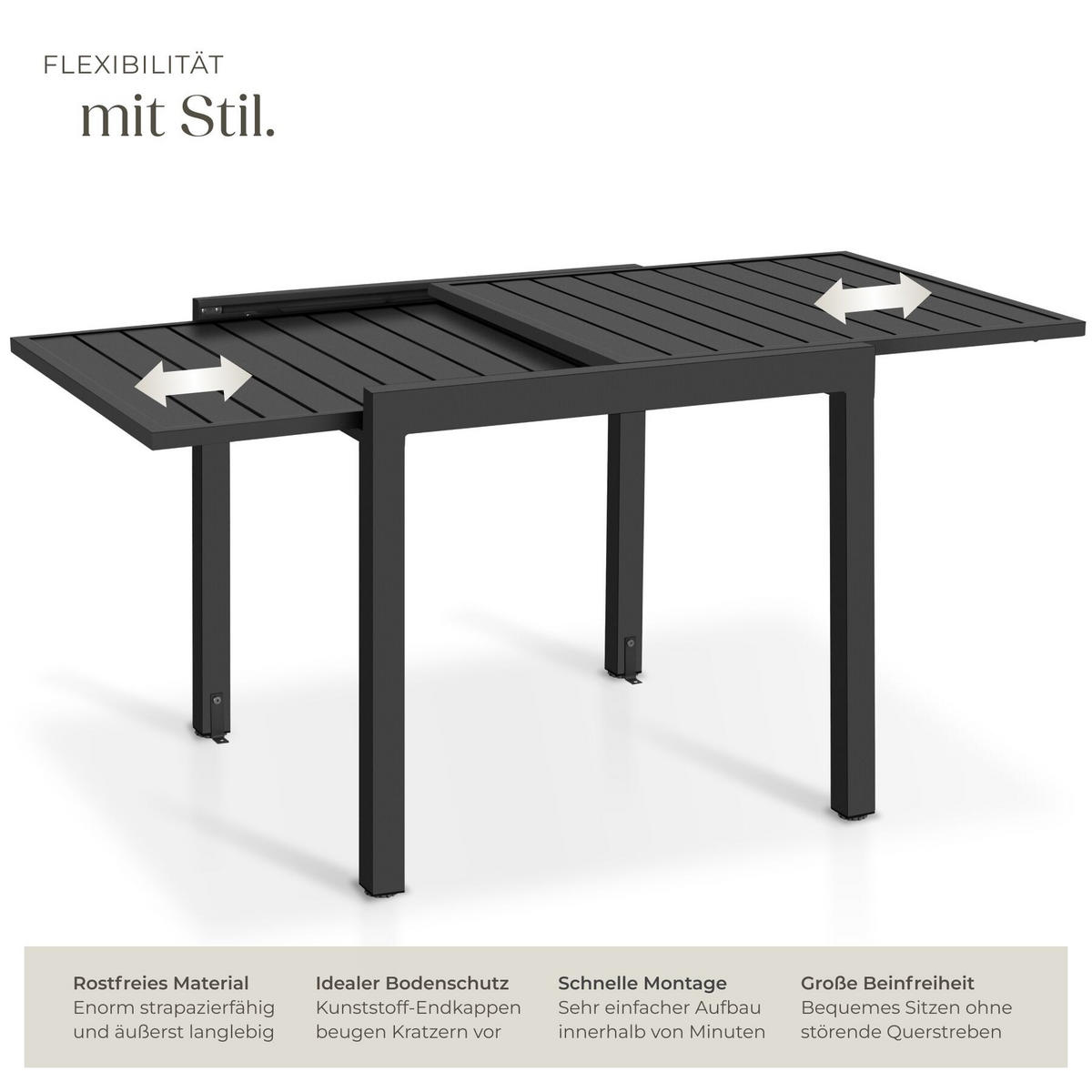 GARTENTISCH aus Aluminium Campos, 80–160 x 80 x 75 cm, dunkelgrau - Dunkelgrau, Metall (80/160/75cm) - tectake