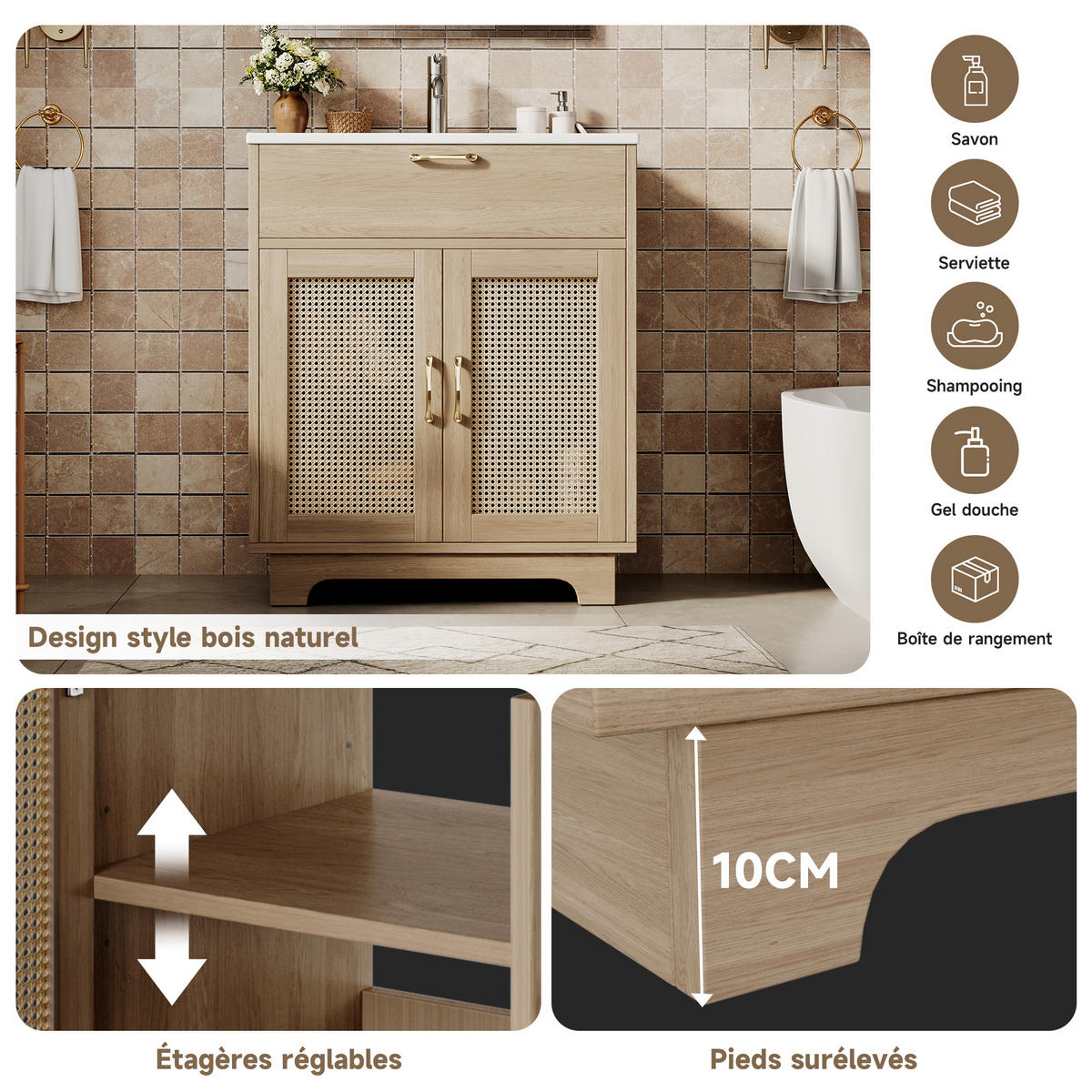 WASCHBECKENUNTERSCHRANK Badmöbel Keramikbecken Rattan Front MDF Melamin Stauraum Badezimmer - Naturfarben, Keramik/Holzwerkstoff (76/88/46cm) - EVRYAE