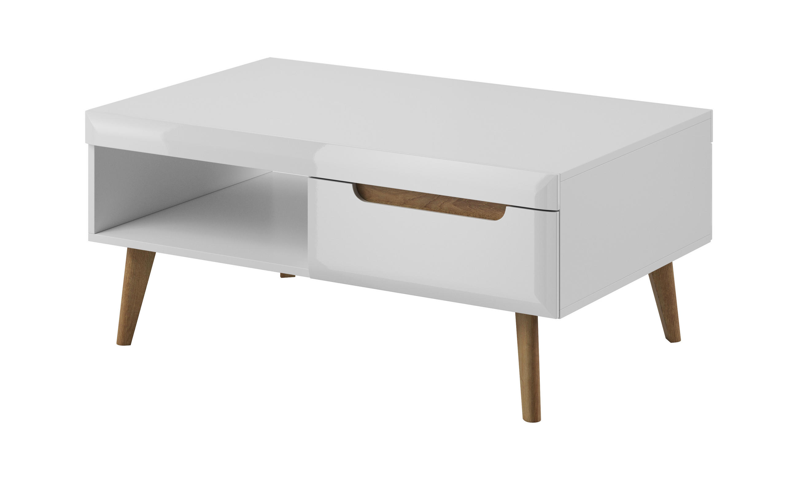 COUCHTISCH Nodis Weißer Glanz, Kaffeetisch mit Schubladen - Braun/Weiß, Holzwerkstoff (67/107/46cm) - Bettso