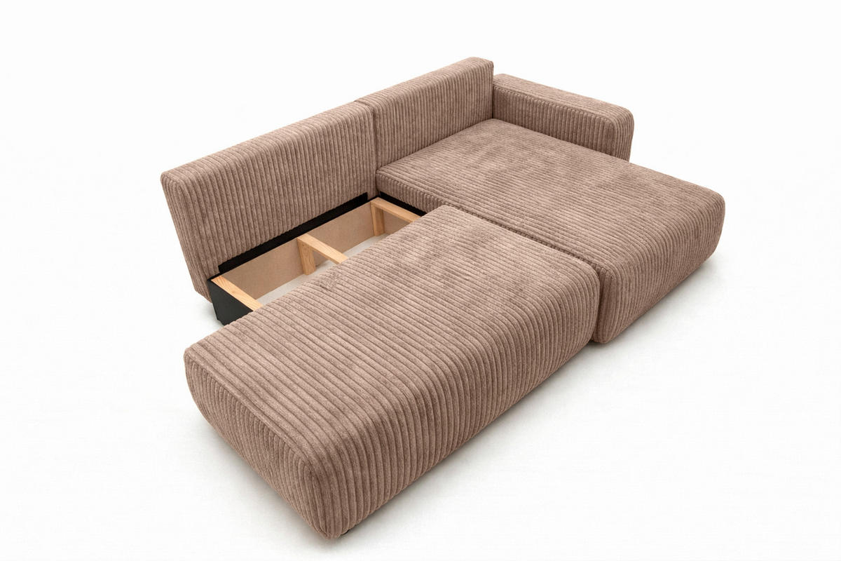 ECKSOFA Mit Schlaffunktion Und Bettkasten, Cordstoff Tilia, Braun, Rechts, OPEN XL - Braun, Holz (262/145cm) - Kaiser Möbel
