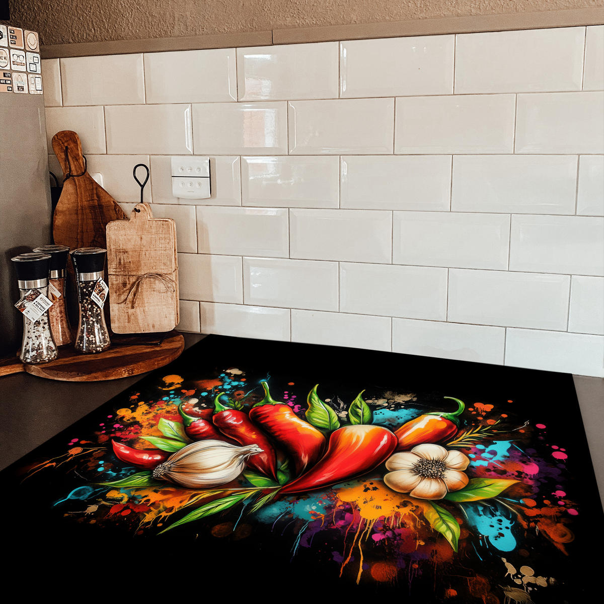 HERDABDECKPLATTE Gemüse - Paprika - Knoblauch - Graffiti - Farbe - Bunt 78x78 cm - Rot, Kunststoff (78/78/0.2cm) - MuchoWow