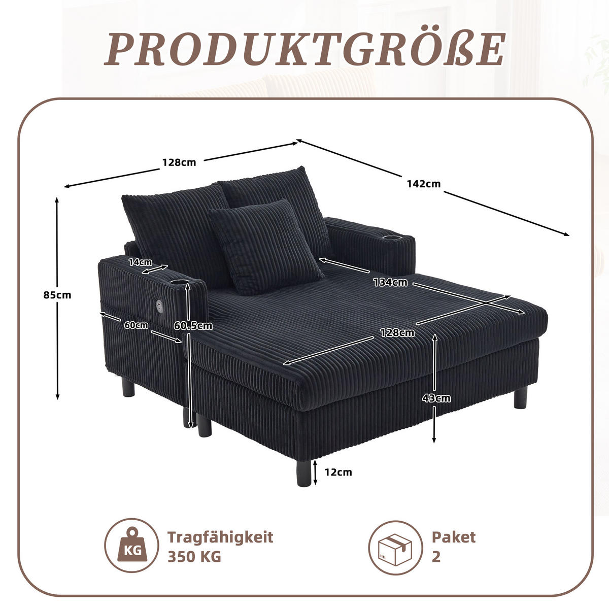 CHAISELONGUE 2-Sitzer Cord Schwarz mit LED, USB und Getränkehalter - Schwarz, Holzwerkstoff/Kunststoff (128/85/142cm) - WISHDOR