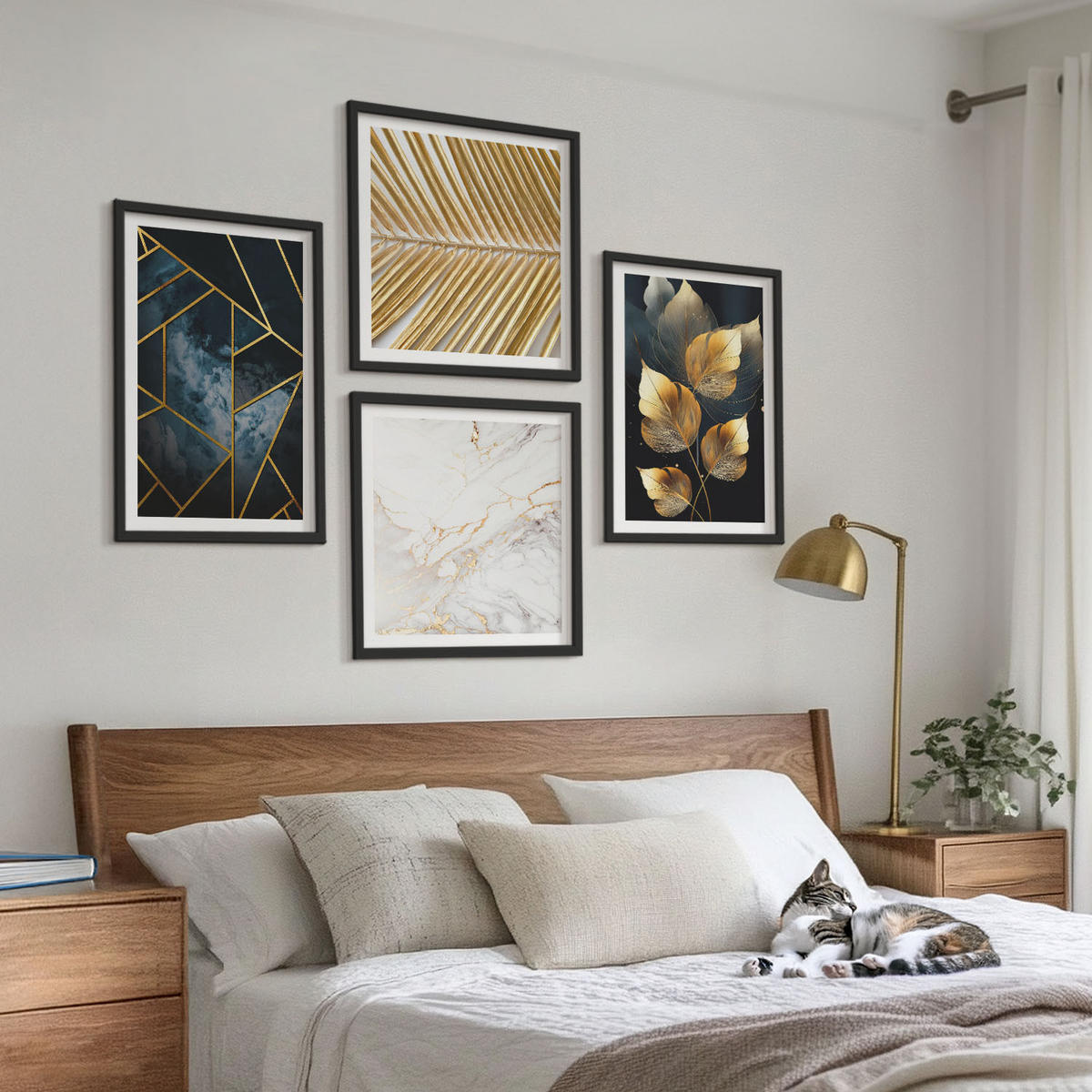 BILDER SET 4er Set - 50x50 cm & 40x60 cm Schwarzer Rahmen - Moderne Pflanzenmuster - Schwarz, Kunststoff (50/50cm) - TULUP