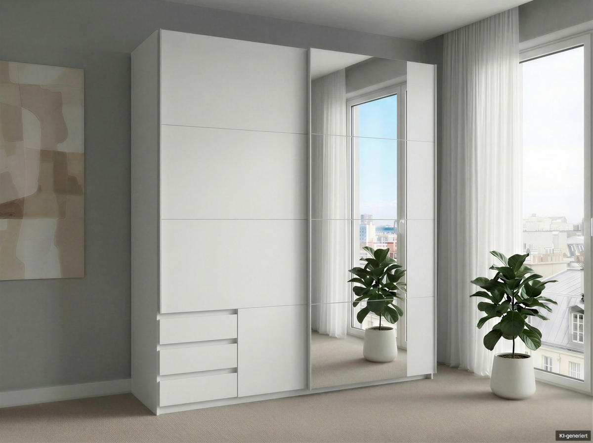 SCHWEBETÜRENSCHRANK 2-türig B179/H198/T65 cm, Kleiderschrank in Weiß mit sichtbaren Schubkästen & Spiegel / 22702 - Alufarben/Weiß, Holz/Holzwerkstoff (179/198/65cm) - luma-home
