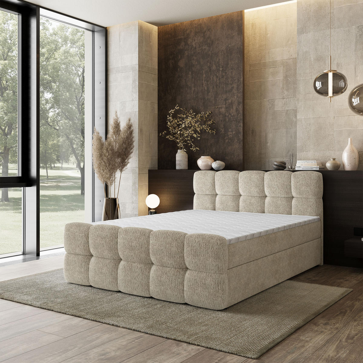 BOXBETT BRUME 180x200 cm mit Matratze und Topper, H2+H3 - Creme - Creme, Holz (180/200cm) - MASSENO