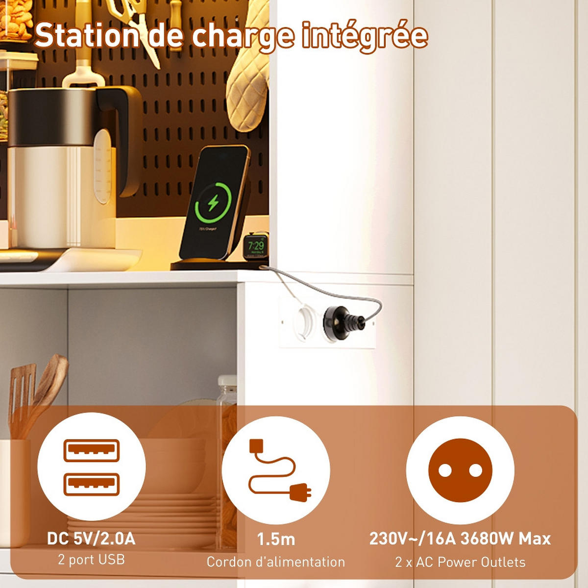 KÜCHENSCHRANKBUFFETSCHRANK MIT STECKDOSE UND LED-BELEUCHTUNG, MDF Weiß, Kaffeestation, 145/185/40 cm - Weiß, Kunststoff (40/185/145cm) - Rolipo