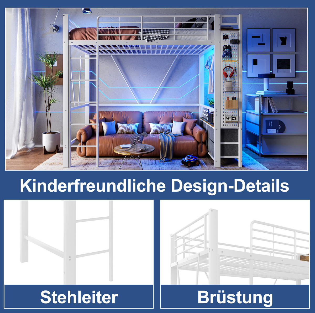 HOCHBETT 90/200 cm Eisenrahmen mit 4 Schubladen und USB-Anschluss mit Matratze - Weiß, Metall (90/200cm) - OKWISH