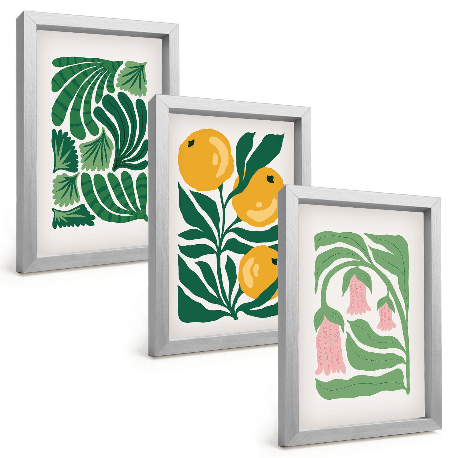 BILDER SET 3er Set - 20x30 cm Silberner Rahmen - Minimalistische Pflanzenmuster - Silberfarben, Kunststoff (20/30cm) - TULUP