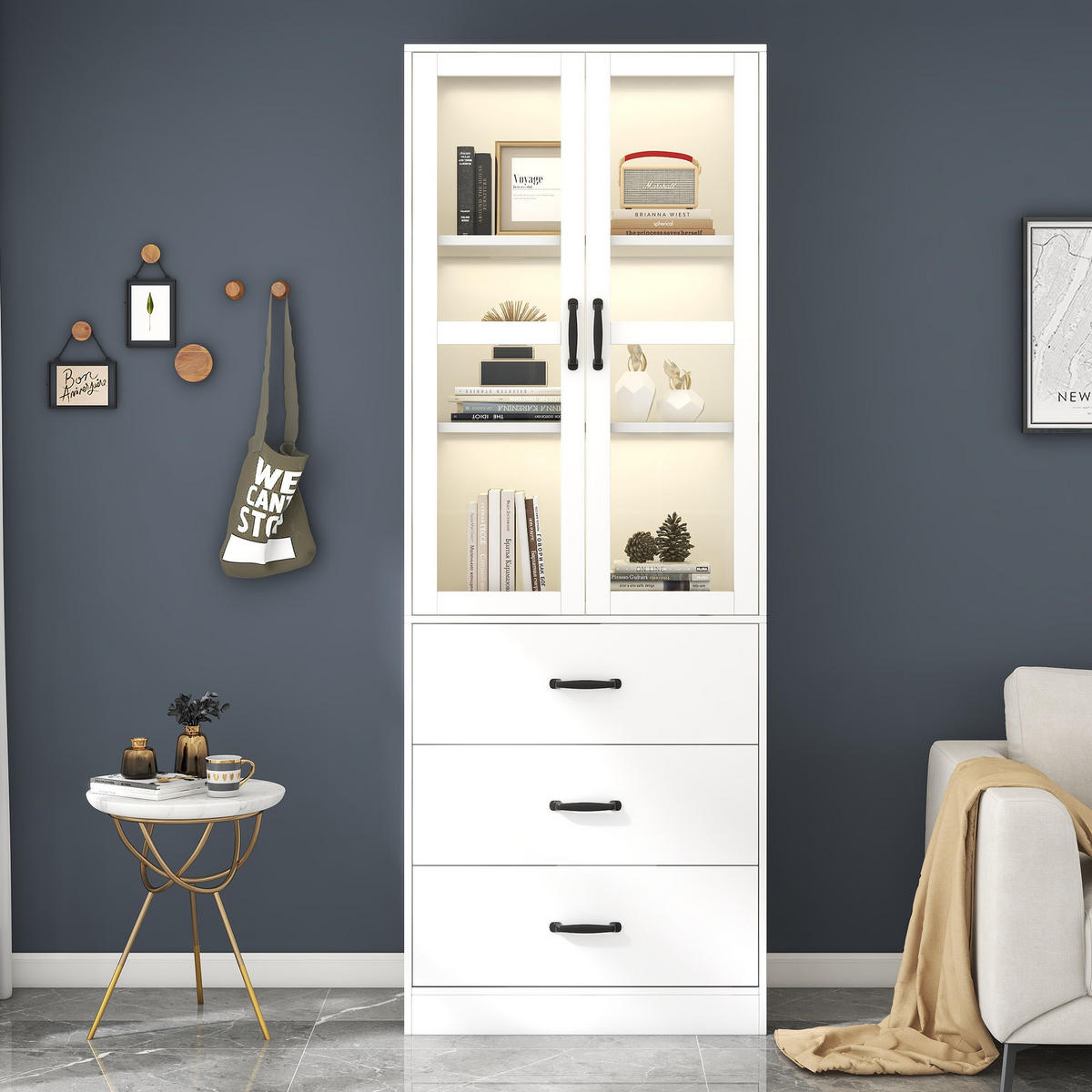 VITRINE 60/40/200 cm weiß aus MDF mit LED und 3 Schubladen - Weiß, Holzwerkstoff (60/200/40cm) - OKWISH