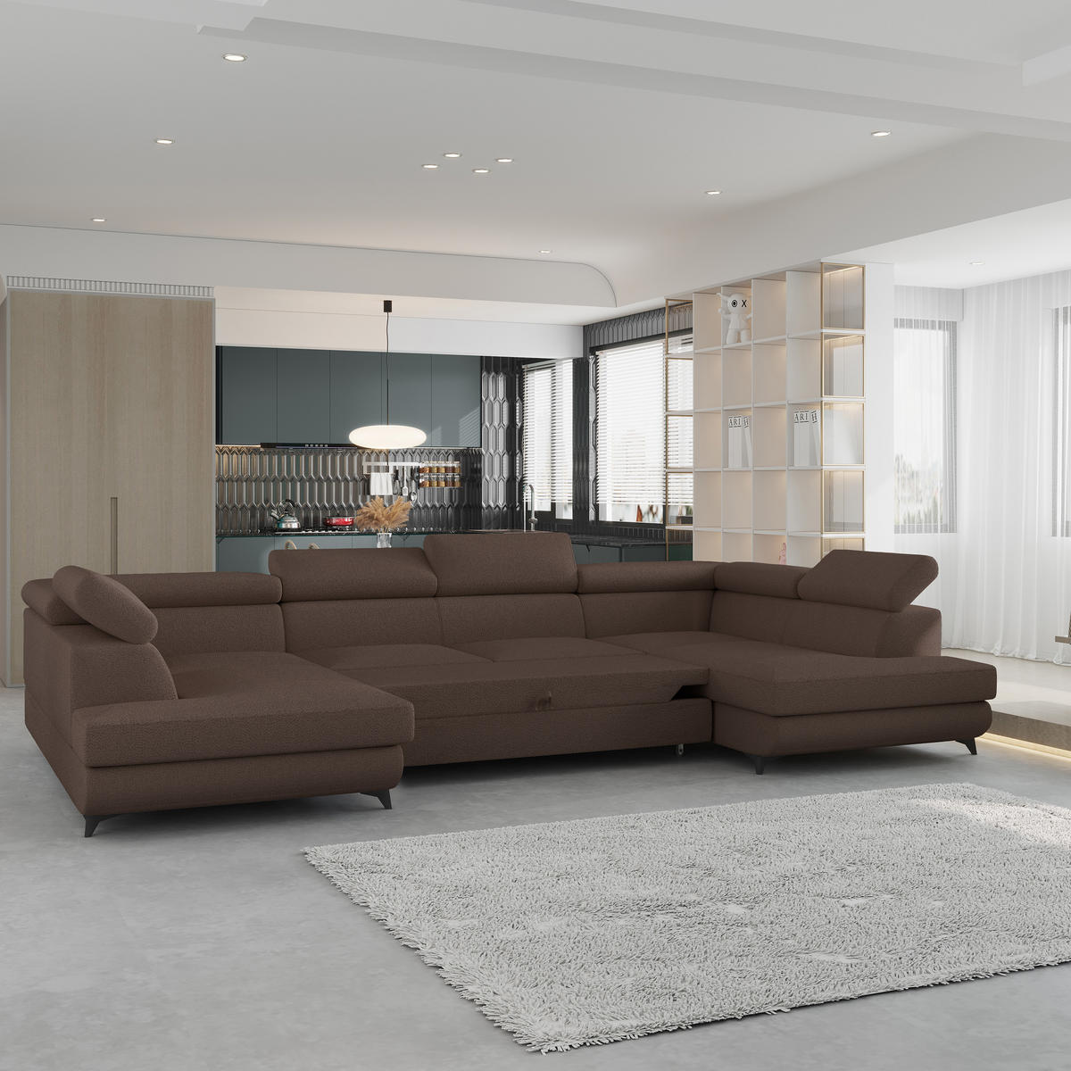 WOHNLANDSCHAFT VINTESSA Braun Boucle-Stoff mit Schlaffunktion - Braun, Holz (323/89/190cm) - MASSENO