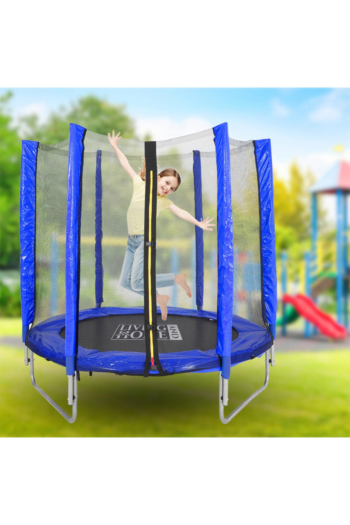 TRAMPOLIN aus Stahl, PP, EPE, Federn in Blau + Schwarz mit Sicherheitsnetz für Kinder 150 cm Durchmesser x 160 cm Höhe - Blau, Metall (150/150/160cm) - Livingandhome