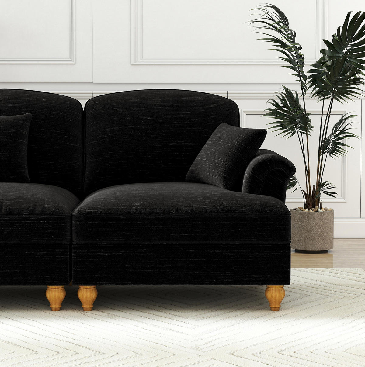 ECKSOFA 272/140/93 cm schwarz aus Chenille mit abnehmbarem Volant und beweglichem Hocker - Schwarz, Textil (140/272cm) - OKWISH