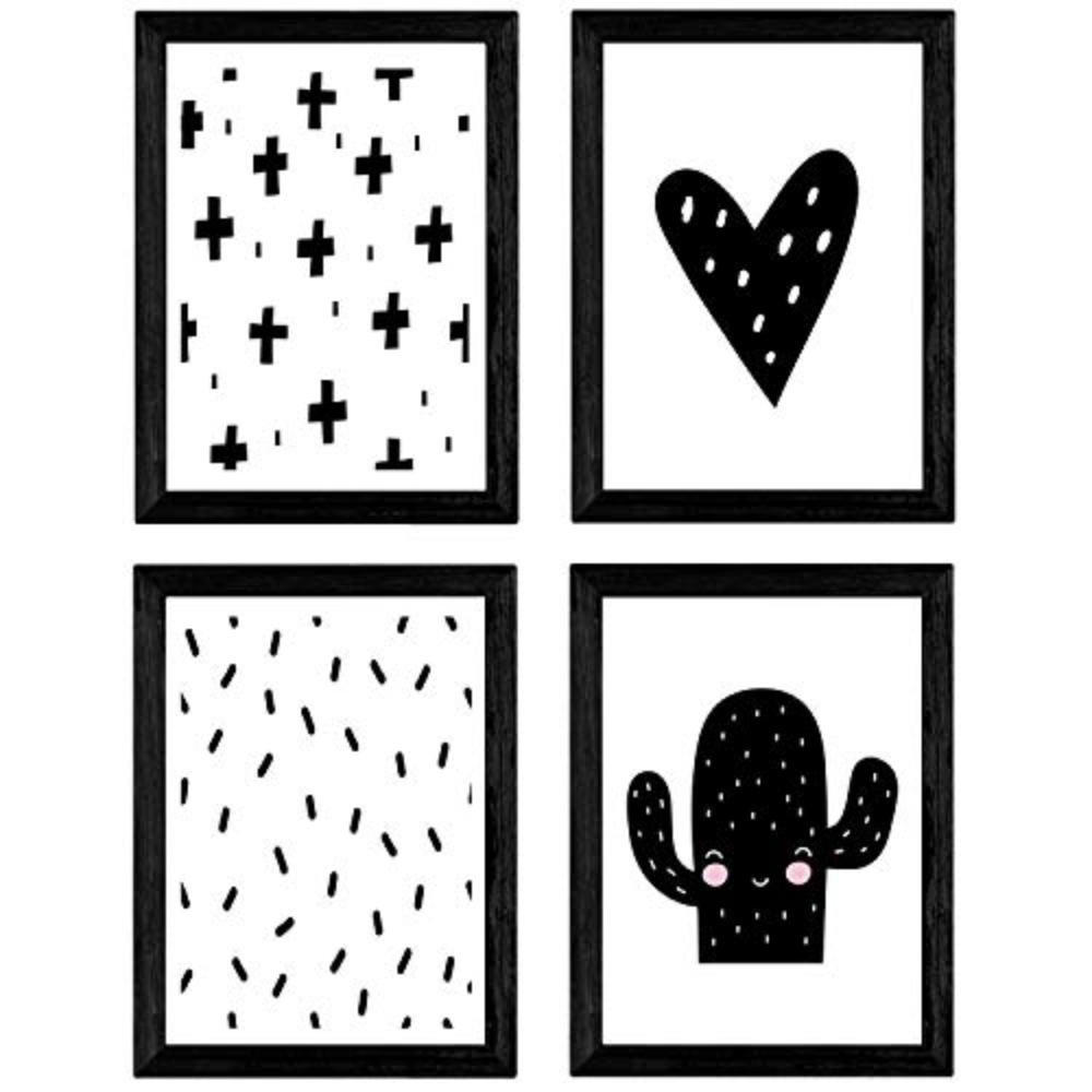 POSTER Set mit 4 Kaktus und Herz Tieren A4 Schwarzer Rahmen - Schwarz, Papier (29.7/3cm) - Nacnic