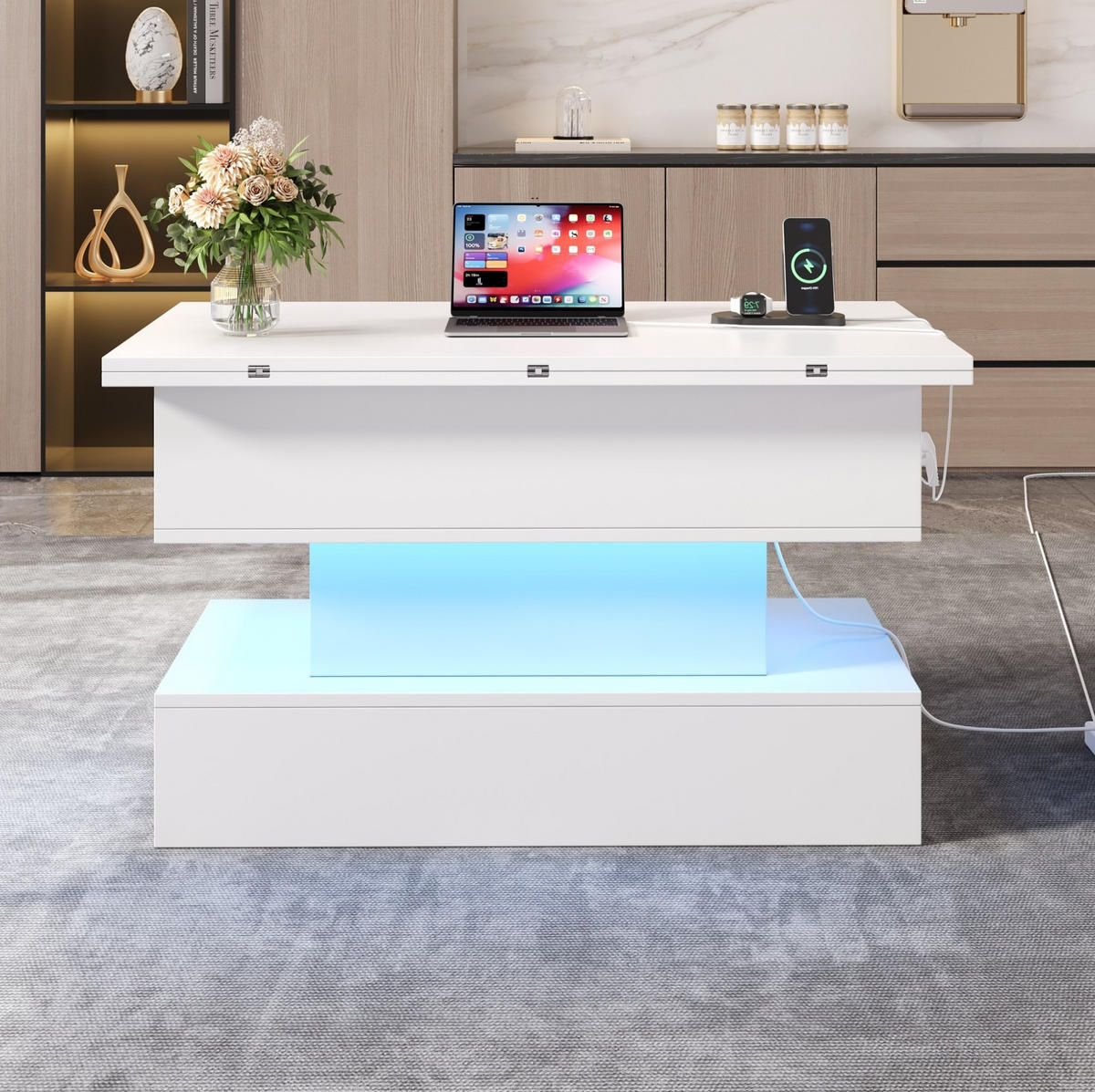 COUCHTISCH aus Spanplatte 100x50x51,5 cm Weiß mit höhenverstellbarer Tischplatte, Stauraum und LED - Weiß, Holzwerkstoff (100/50/51.5cm) - IVMEU