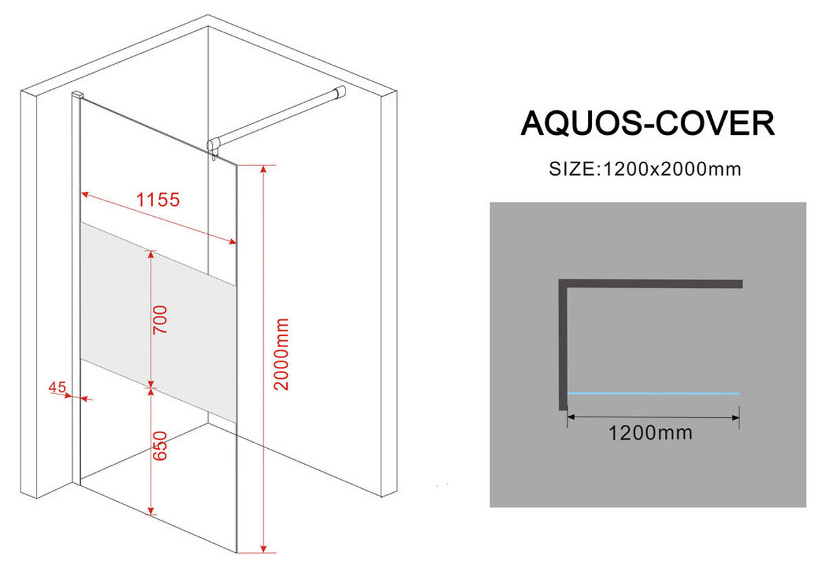 DUSCHWAND AQUOS-COVER Klar 120 x 200 cm teilsatiniert 10 mm ESG - Klar, Glas (120/200cm) - Glasdeals