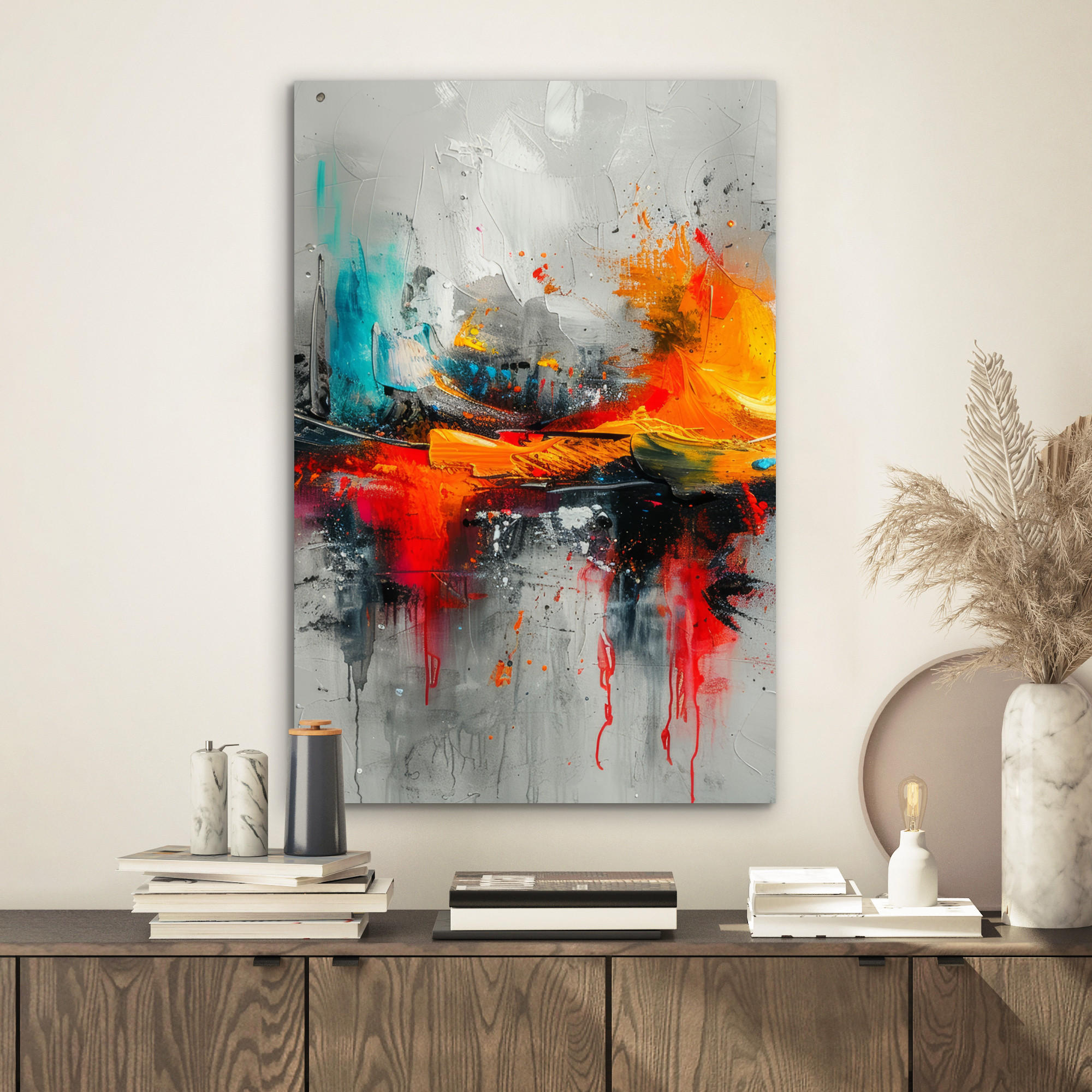 METALLBILD Moderne Kunst - Orange - Grau - Abstrakt 40x60 cm - Hellgrau, Metall (40/60cm) - MuchoWow