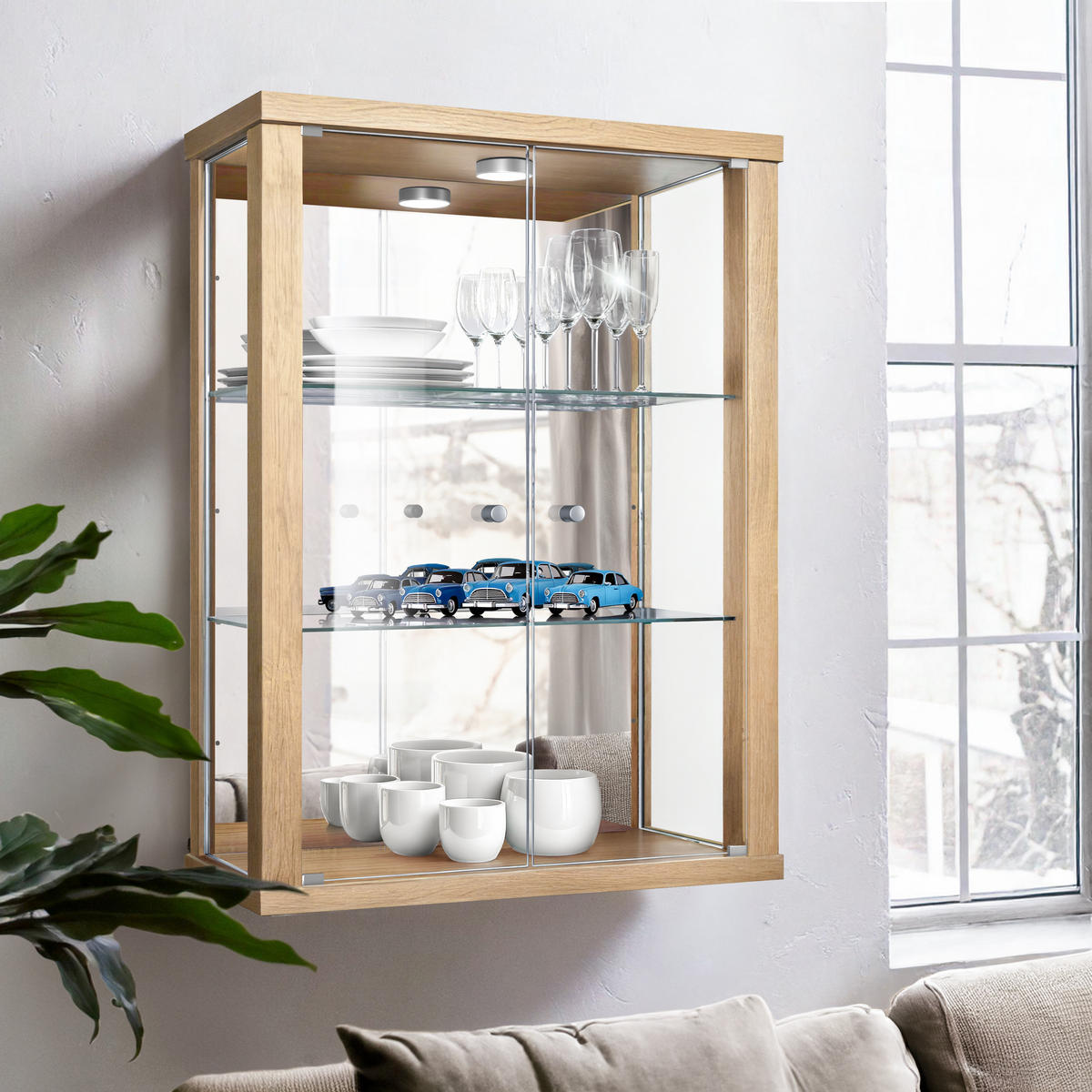 HÄNGEVITRINE 25/60/80 cm mit Spiegel, LED & 2 höhenverstellbaren Glasböden - Transparent/Silberfarben, Glas/Holzwerkstoff (60/80/25cm) - K-Möbel