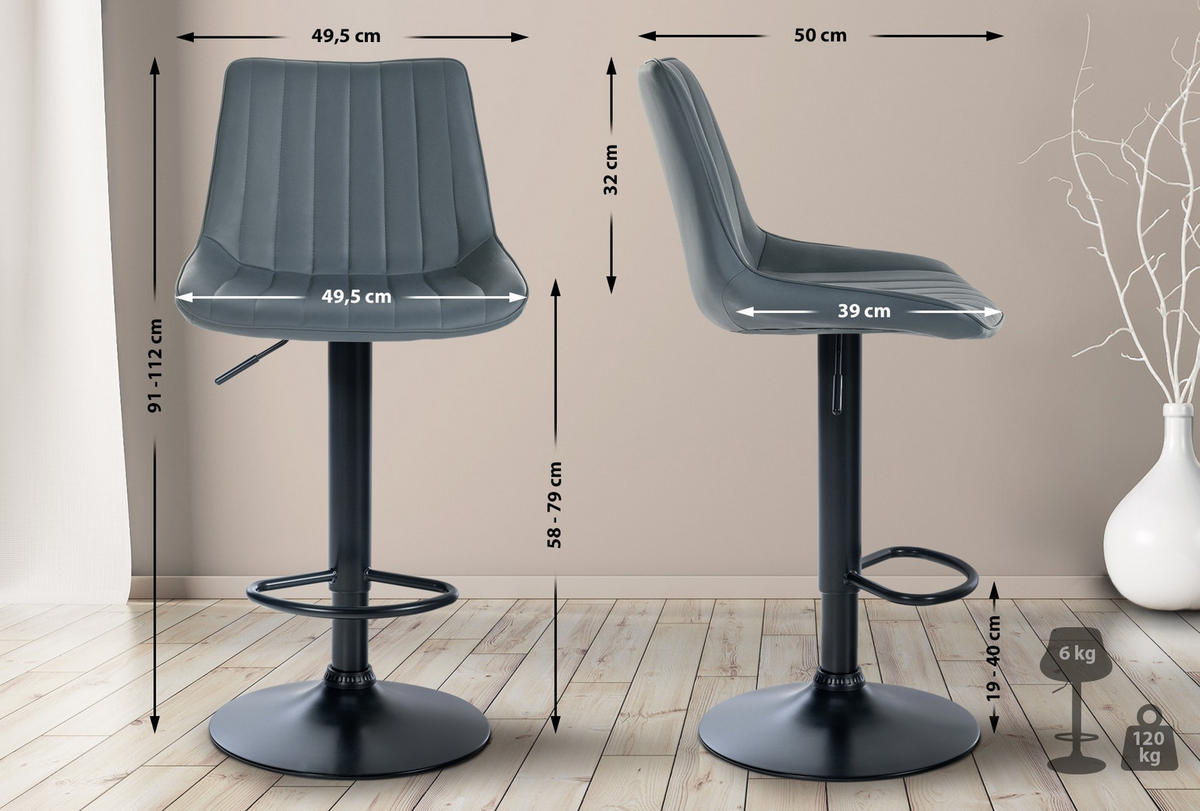 BARHOCKER RIO Grau Kunstleder Schwarz - Grau, Leder/Metall (49.5/91/50cm) - DELUKE
