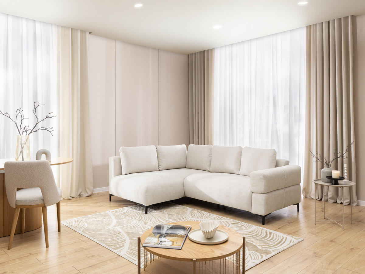 ECKSOFA Cardea in Bubble-Optik aus weichem Creme Strukturstoff mit hohem Sitzkomfort - Ottomane links - Creme/Schwarz, Holz/Textil (170/230cm) - S-Style Möbel