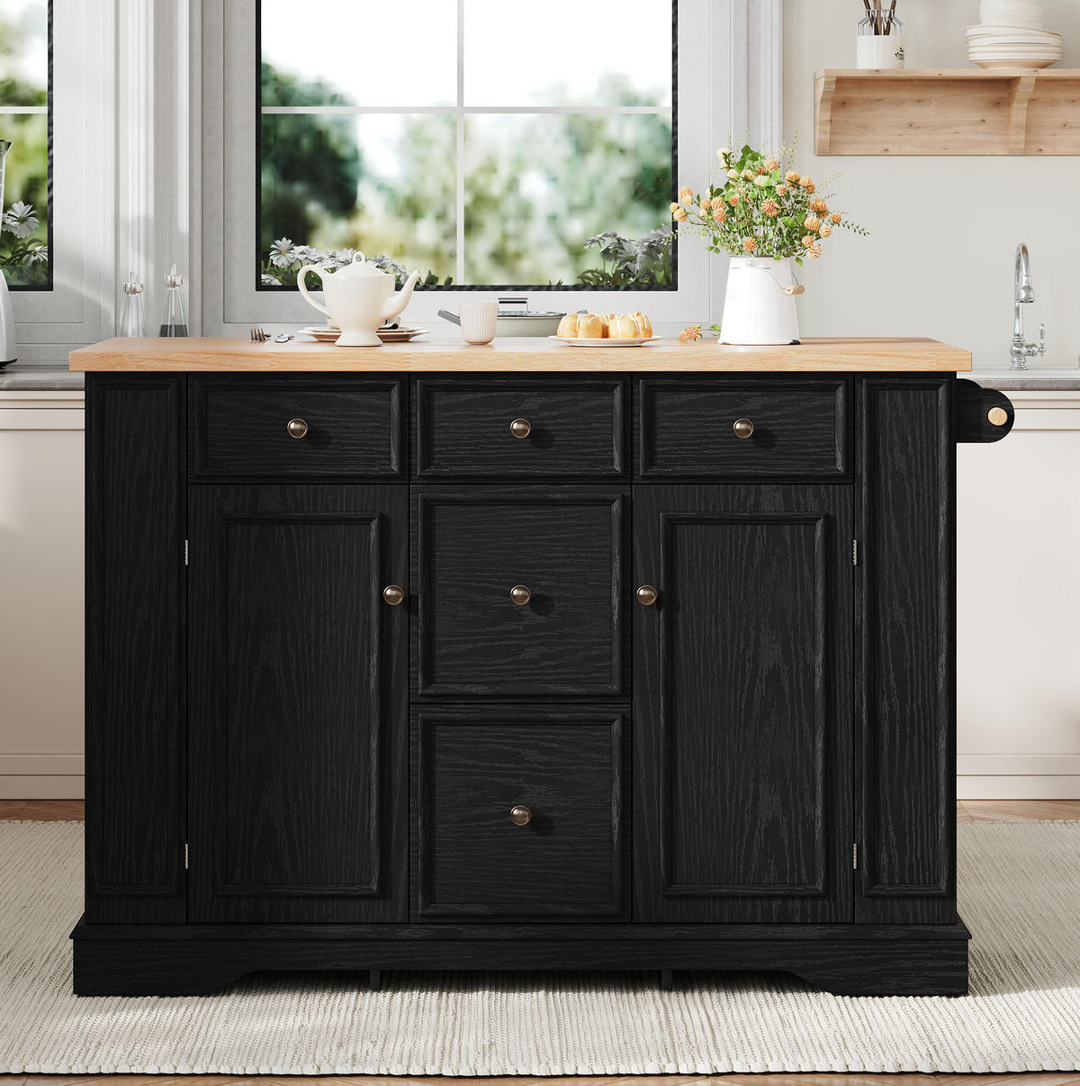 KUCHYŇSKÝ ostrůvek 130,5/40-65/92 cm s rozkládací pracovní deskou, úložným prostorem a nabíjecí stanicí, Černá - černá, kompozitní dřevo (130.5/92/65cm) - Redom