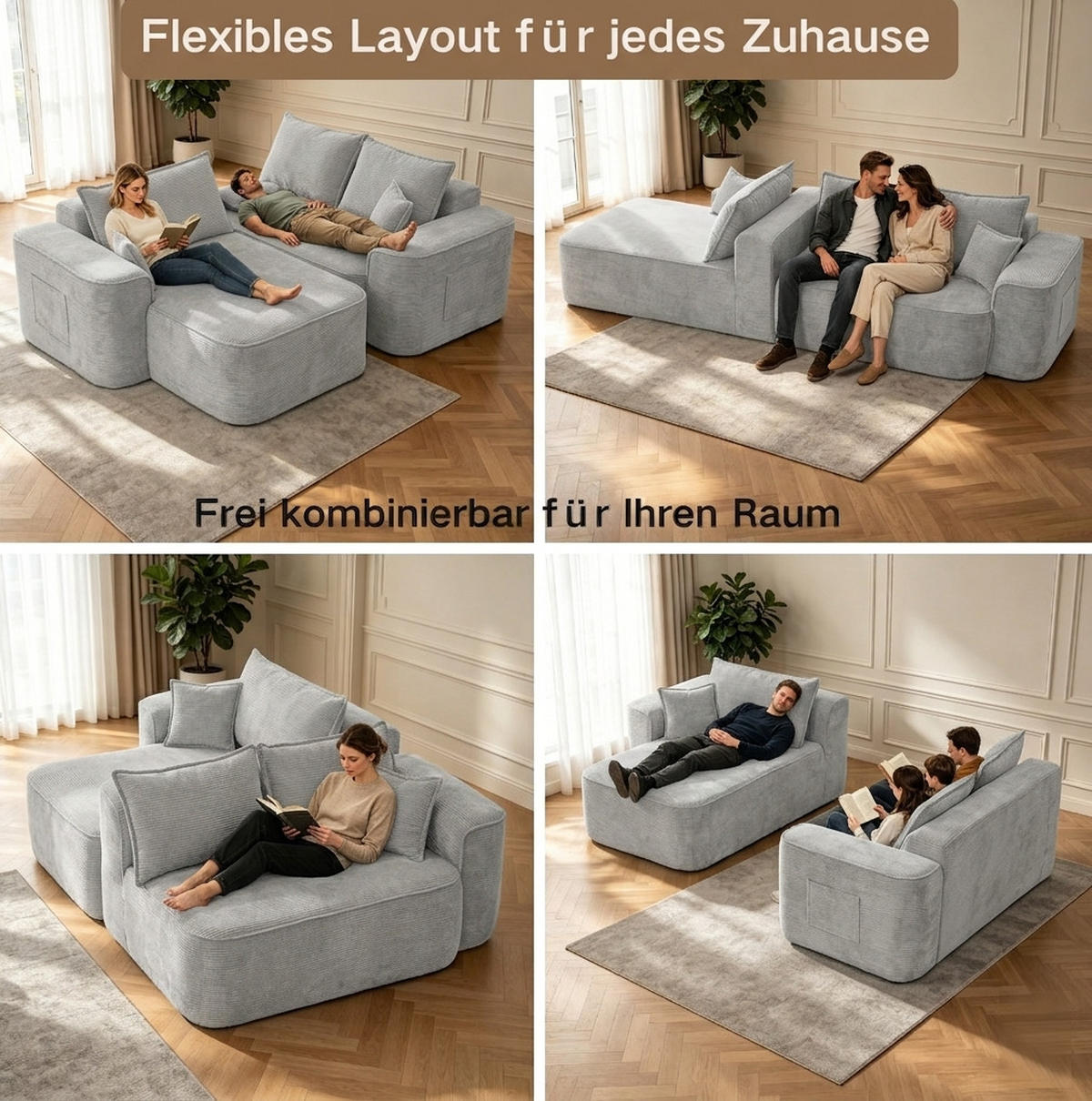 ECKSOFA 262 cm aus Chenille mit modularem Boneless-Design Grau - Grau, Textil (144/262cm) - Modenvie