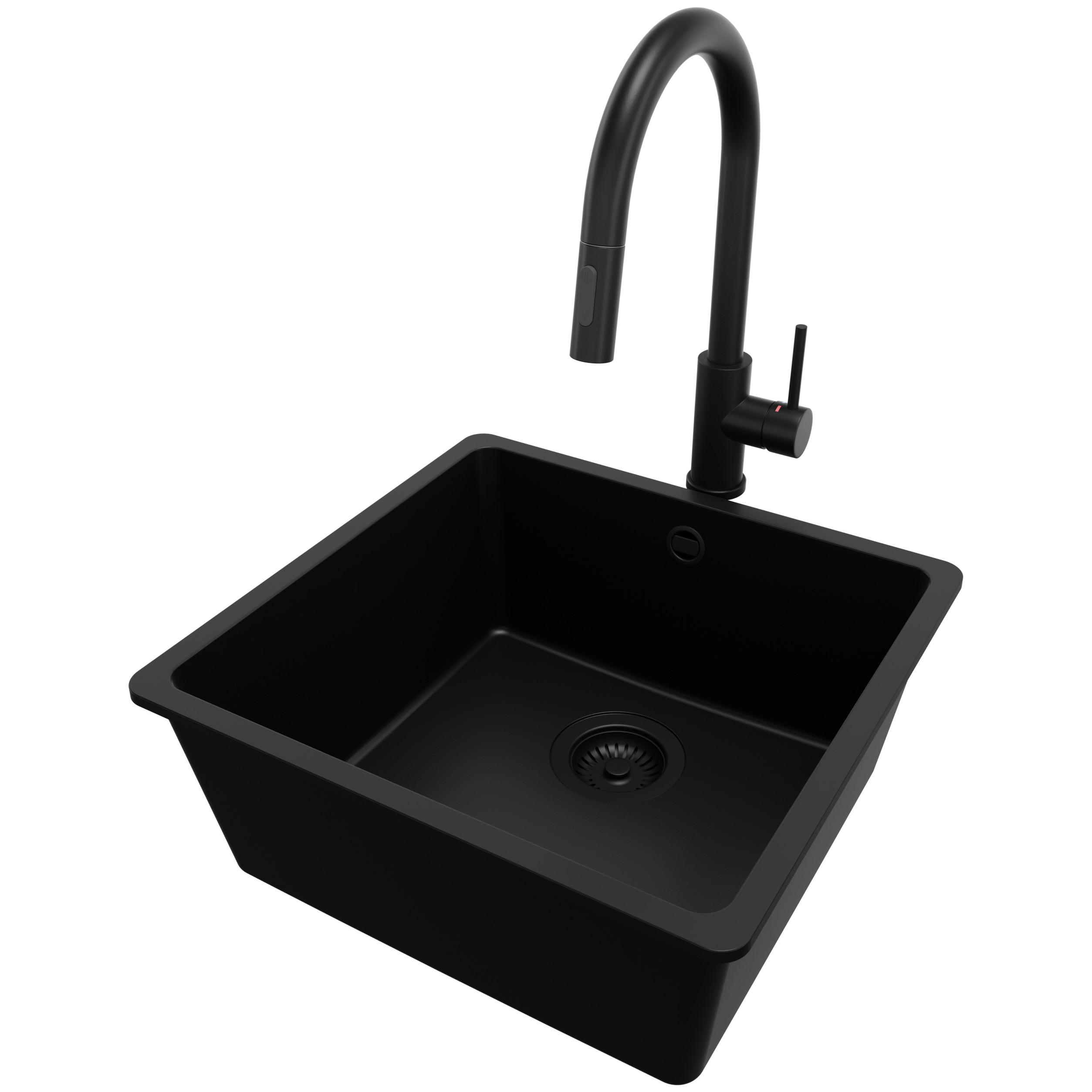 UNTERBAUSPÜLE GRANIT Venedig Easy, 2-er set Alles Schwarz 46/44 cm 1 Becken + Küchenarmatur 40/20 cm + Ablauf-Set ab 50er Unterschrank - Schwarz, Kunststoff (46/20/44cm) - Primagran