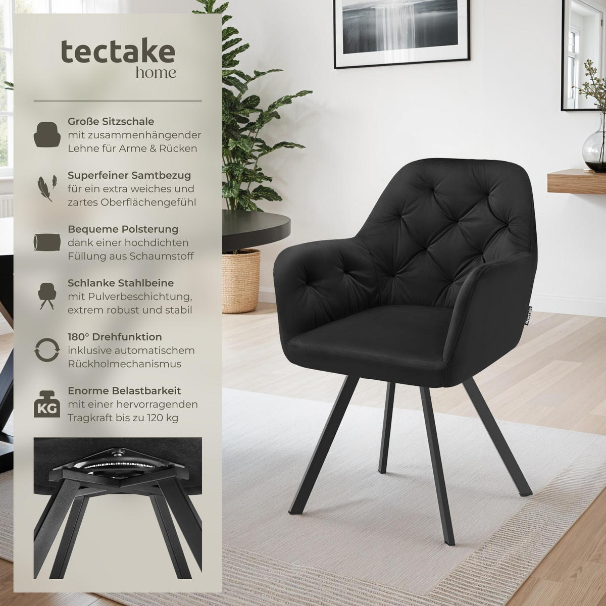 ARMLEHNSTUHL Samt Drehbarer 4er Set Lucia 58 x 58 x 87 cm schwarz - Schwarz, Kunststoff (58/87/58cm) - tectake