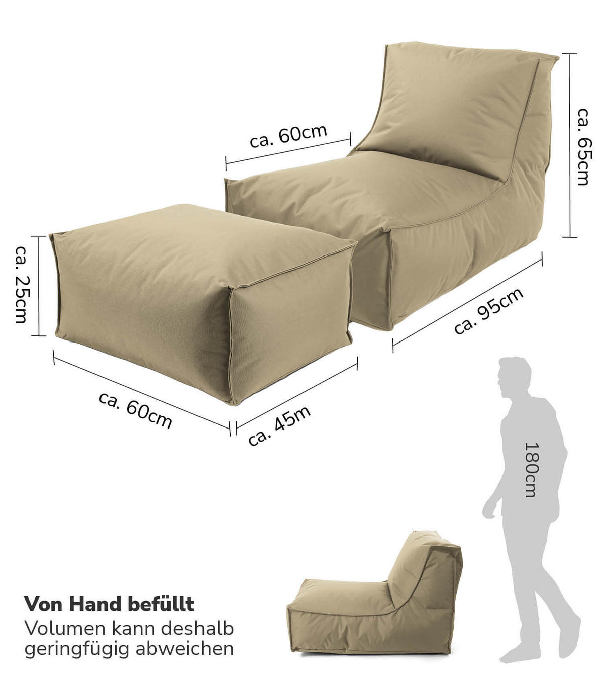 SITZSACK mit Hocker und Hülle Der Sundowner - Cappuccino, Textil (60/65/140cm) - Mokebo