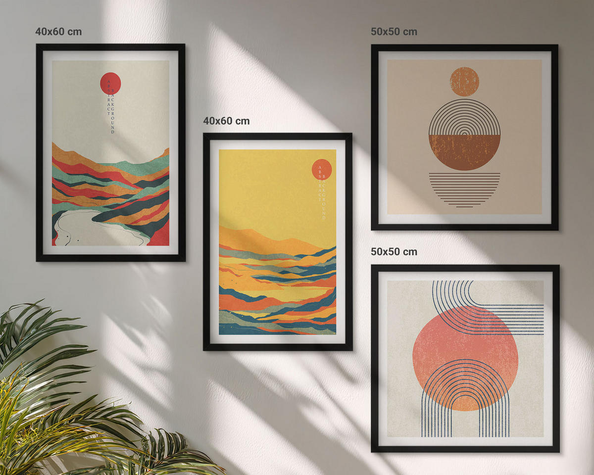 BILDER SET 4er Set - 50x50 cm & 40x60 cm Schwarzer Rahmen - Farbenfrohe Muster der Japandi-Flussberge - Schwarz, Kunststoff (50/50cm) - TULUP