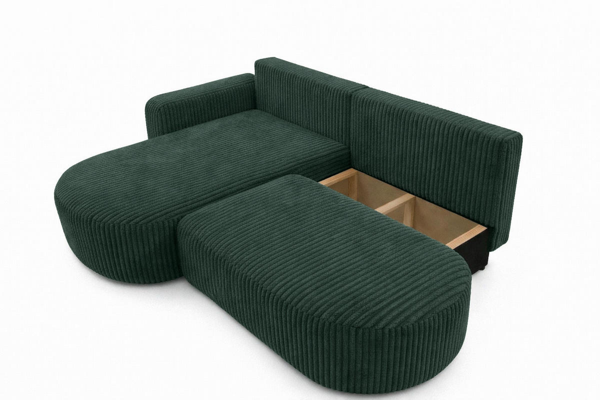 ECKSOFA Mit Schlaffunktion Und Bettkasten, Cordstoff Tilia, Grün, Links, ROUND ONE OPEN XL - Grün, Holz (262/175cm) - Kaiser Möbel
