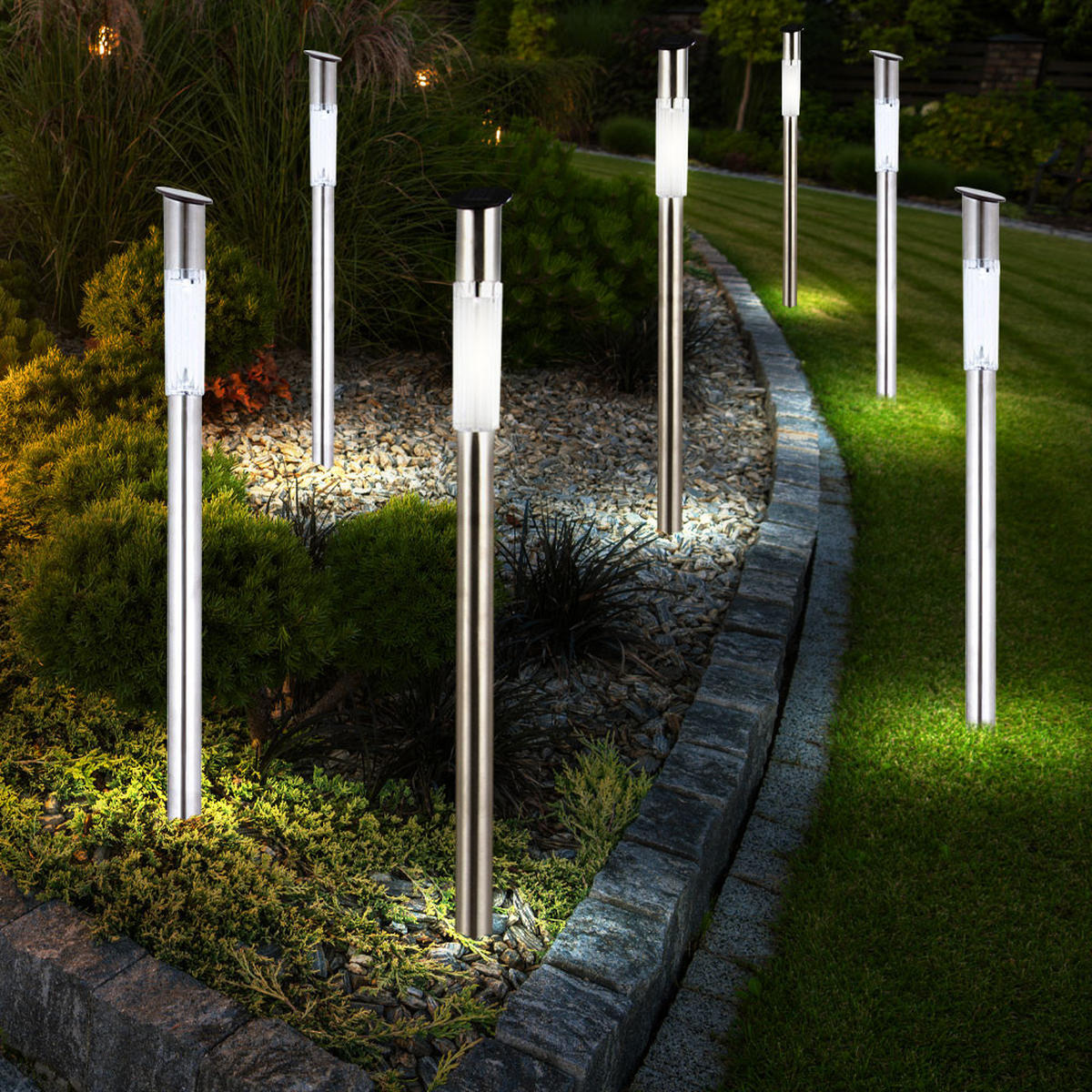 LED AUSSENLEUCHTE Solar Edelstahl Silber 7er Set - Silberfarben, Metall (5/5/70cm) - Globo Lighting