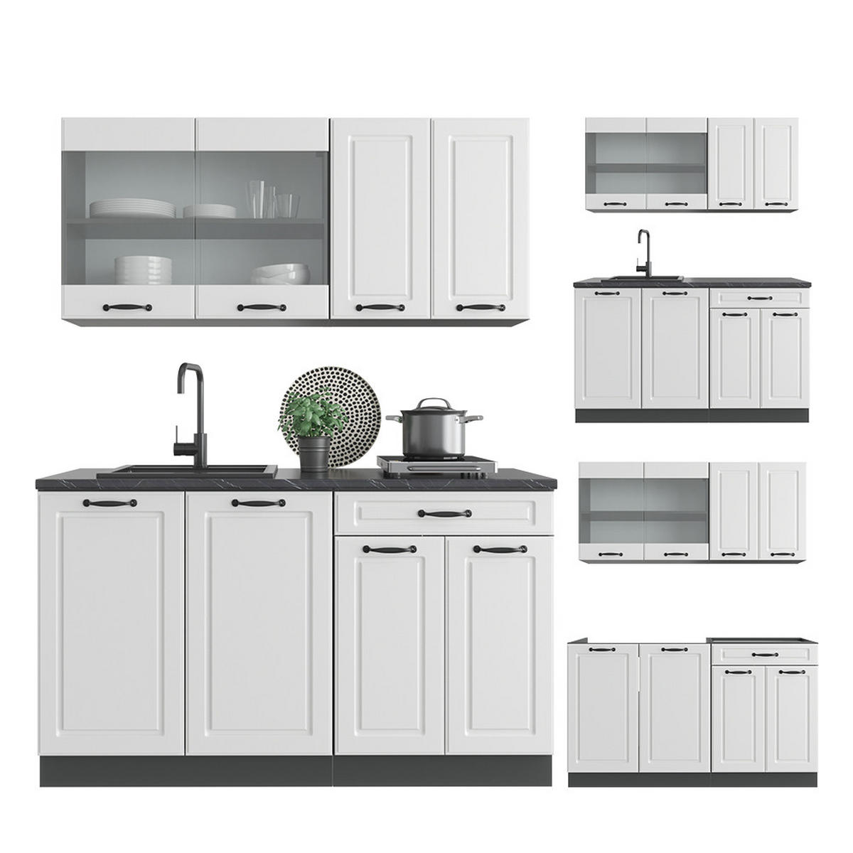 KÜCHENZEILE R-Line Weiß Landhaus/Anthrazit 140 cm, AP Eiche - Anthrazit/Weiß, Holzwerkstoff (140/81.6/60cm) - Vicco