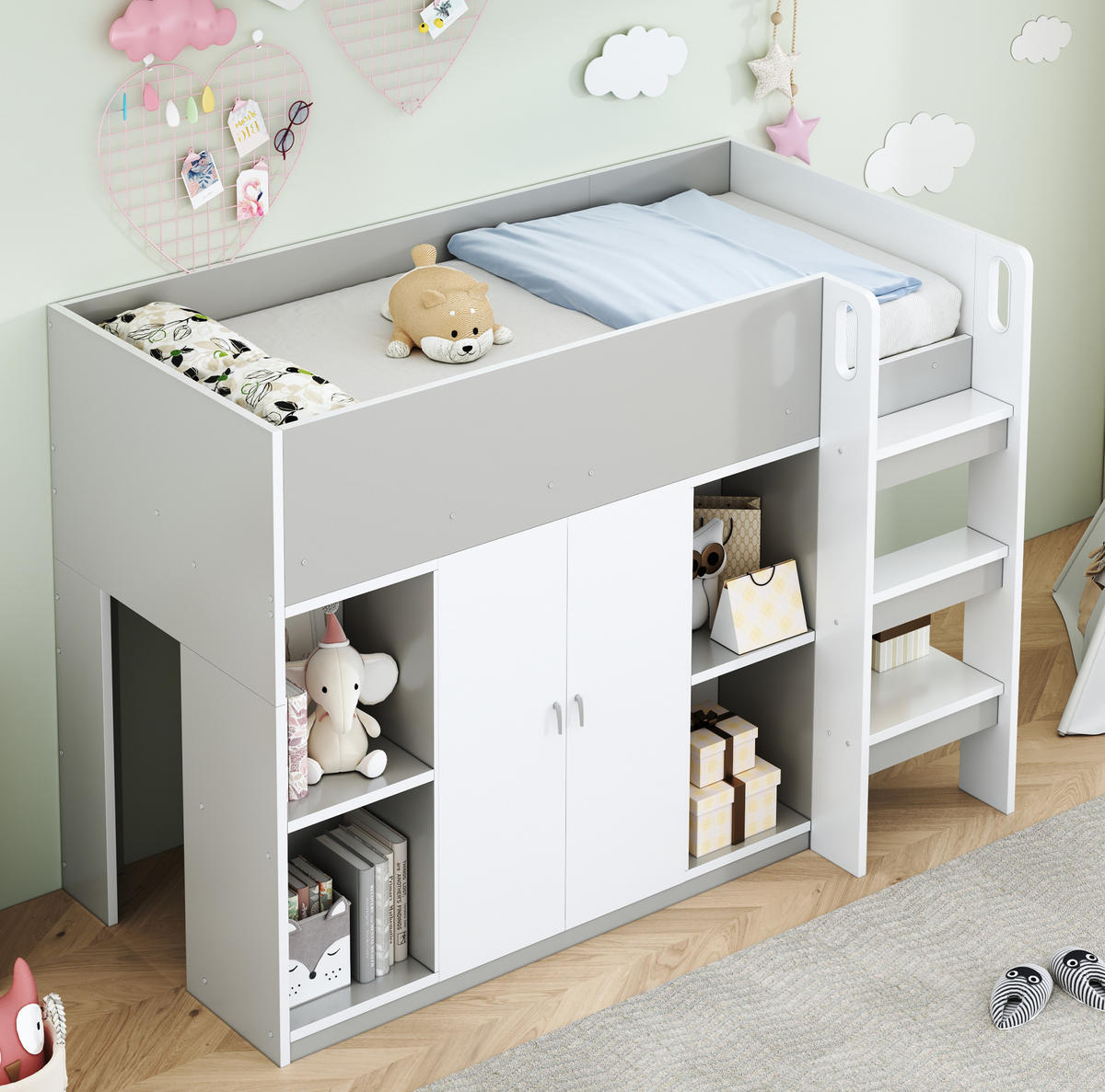 HOCHBETT 90/200 cm in Grau/Weiß mit Schrank, Regalen und Leiter - Grau, Holz (90/200cm) - Flora Grace