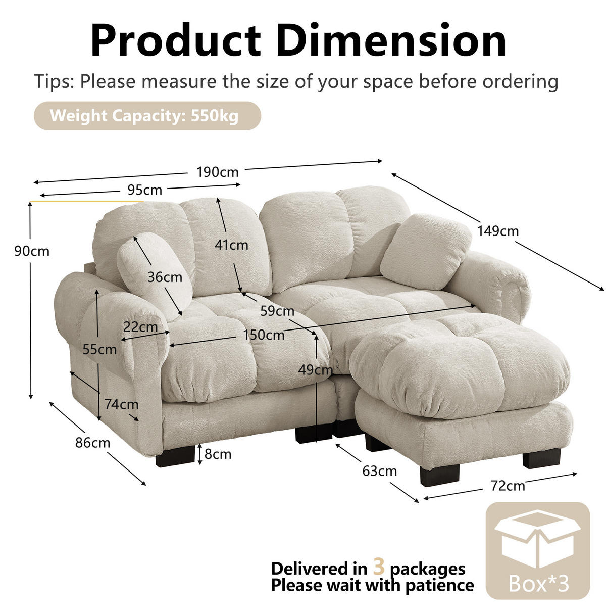 SOFA Modulares Ecksofa mit Ottomane Chenille Hell Khaki - Hellbraun, Holz (149/190cm) - Meubliv