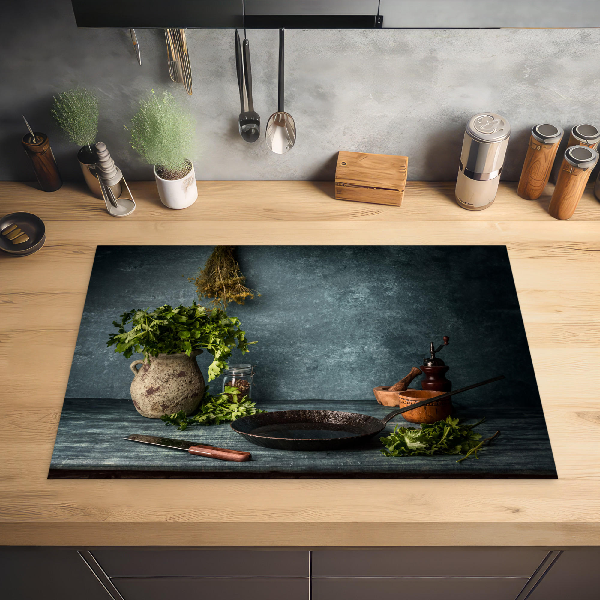 HERDABDECKPLATTE Kräuter - Gewürze - Pfanne - Messer - Grau - Rustikal 80x52 cm - Petrol, Kunststoff (80.2/0.2/52.2cm) - MuchoWow
