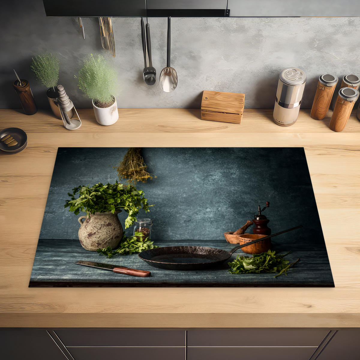 HERDABDECKPLATTE Kräuter - Gewürze - Pfanne - Messer - Grau - Rustikal 80x52 cm - Petrol, Kunststoff (80.2/0.2/52.2cm) - MuchoWow