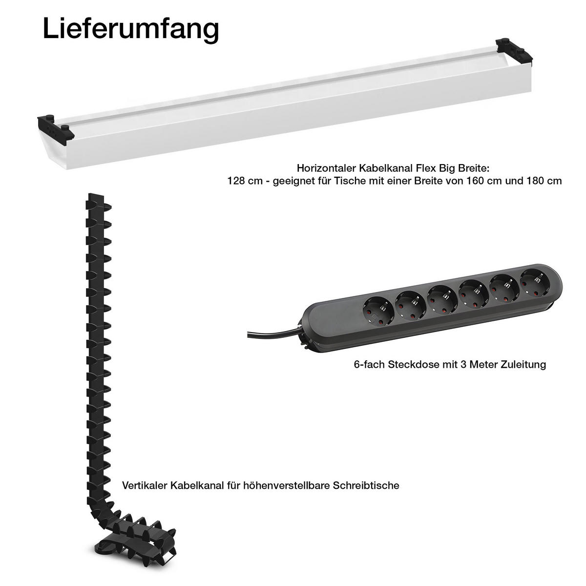 KABELMANAGEMENT-SET Horizontaler Kabelkanal Flex-big / Plus Vertikale Kabelführung + 6-fach Steckdose Weiß 1280mm - Weiß, Metall (16/128/10cm) - ASSMANN